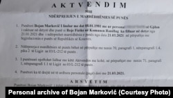 Aktvendimi për ndërprerjen e marrëdhënies së punës të Bojan Markoviqit.