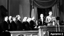 King Michael I of Romania giving his speech at the inaugural session of the Parliament, after forged elections in November 1946. 