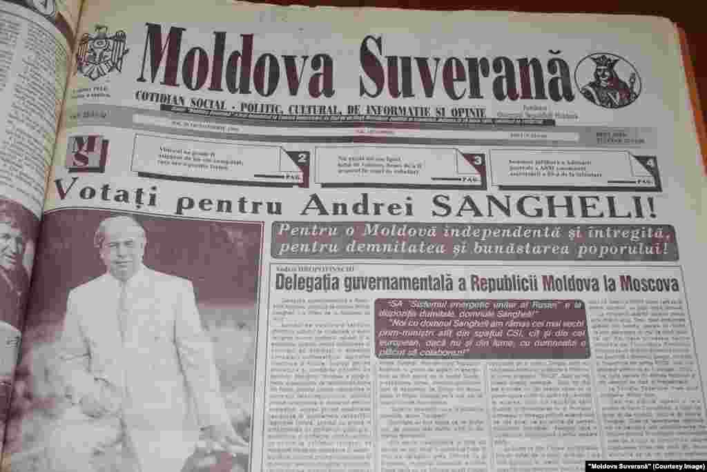 "Moldova Suverană", 10 octombrie 1996, ziarul oficial al guvernului l-a susţinut în campanie pe premierul Andrei Sangheli