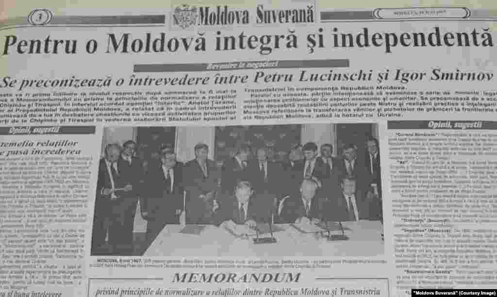 "Moldova Suveran", 24 mai 1997, semnarea la 8 mai a "Memorandumului privind principiile de normalizare a relaţiilor dintre Republica Moldova şi Transnistria"