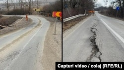 În stânga - o bucată de drum îngustat de pe DJ 105, în apropiere de Cincu, dinspre Agnita. În dreapta - porțiune surpată pe ruta ocolitoare Cincu - Voila.