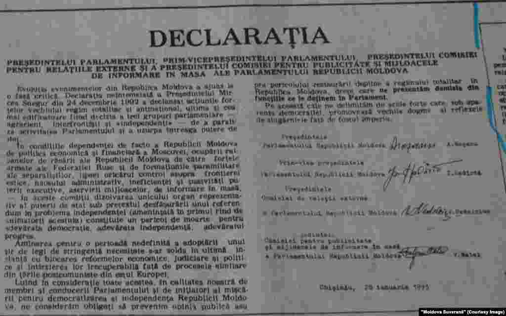 "Moldova Suverană", 30 ianuarie 1993, declaraţia lui Alexandru Moşanu, Ion Hadârcă, Valeriu Matei şi Vasile Nedelciuc, prin care cei patru anunţau demisia de la conducerea parlamentului şi trecerea în opoziţie