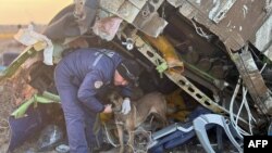 Salvatori cu câini la locul prăbușirii avionului de pasageri Azerbaijan Airlines în apropierea orașului Aktau din vestul Kazahstanului.