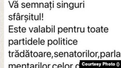 Unul dintre mesajele de amenințare primite de parlamentarii români.