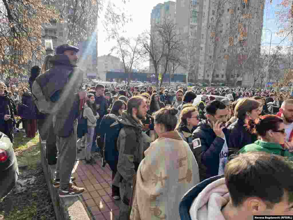 Hundreds of demonstrators, most of them students, gather ahead of the march. Serbian authorities have said they will redirect traffic and provide water tankers and ambulances to the marchers. 